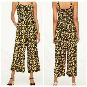 LOFT Black Yellow Lemon Print Jumpsuit Spaghetti Strap Button Up Wide Crop Leg S
